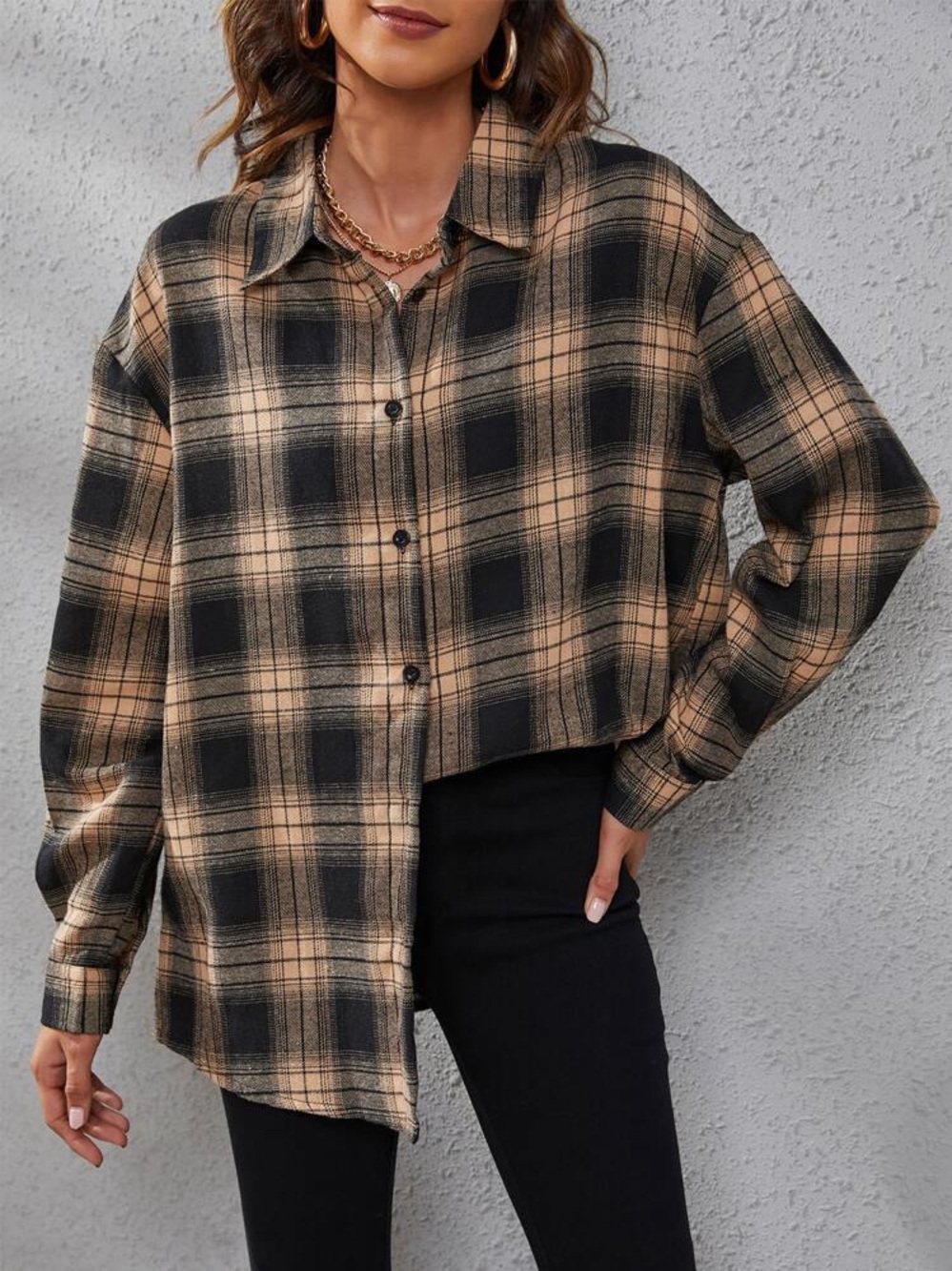 SHEIN Black and Tan Plaid Button-Down Shirt